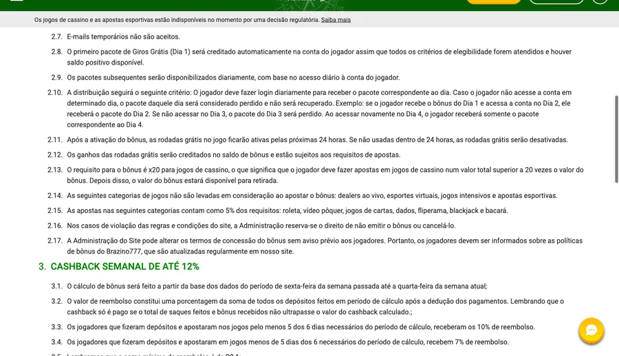 Percentuais de cashback semanal na política de bônus