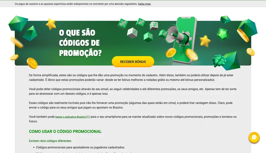 Página do operador sobre códigos promocionais do Brazino777