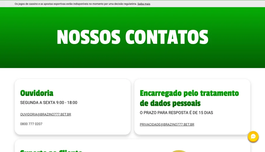 Página de contato do operador com canais de suporte e ouvido