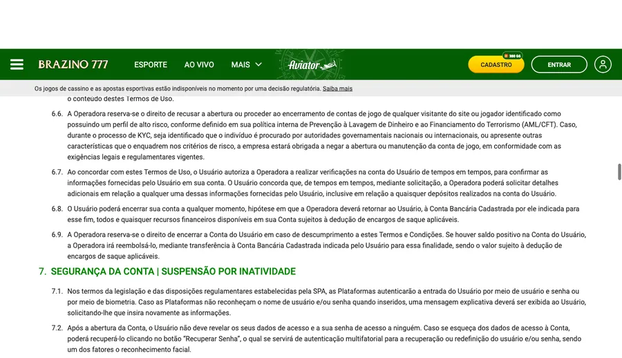Cláusulas do contrato sobre encerramento de conta