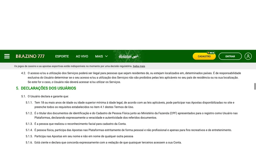 Página do contrato com o que o jogador declara no cadastro