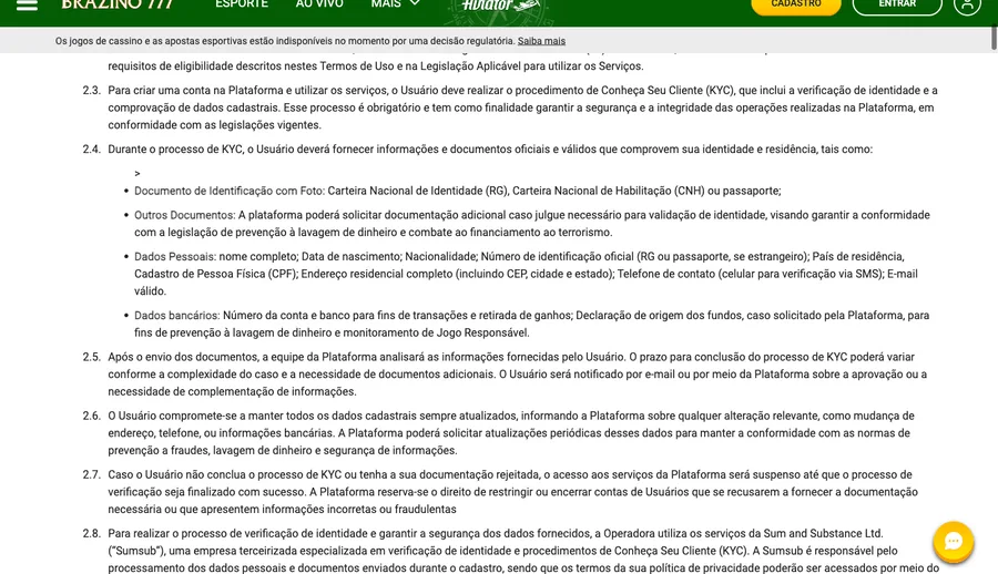 Trecho do contrato que nomeia a Sumsub na verificação