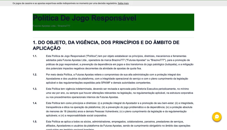 Política de jogo responsável publicada pelo operador