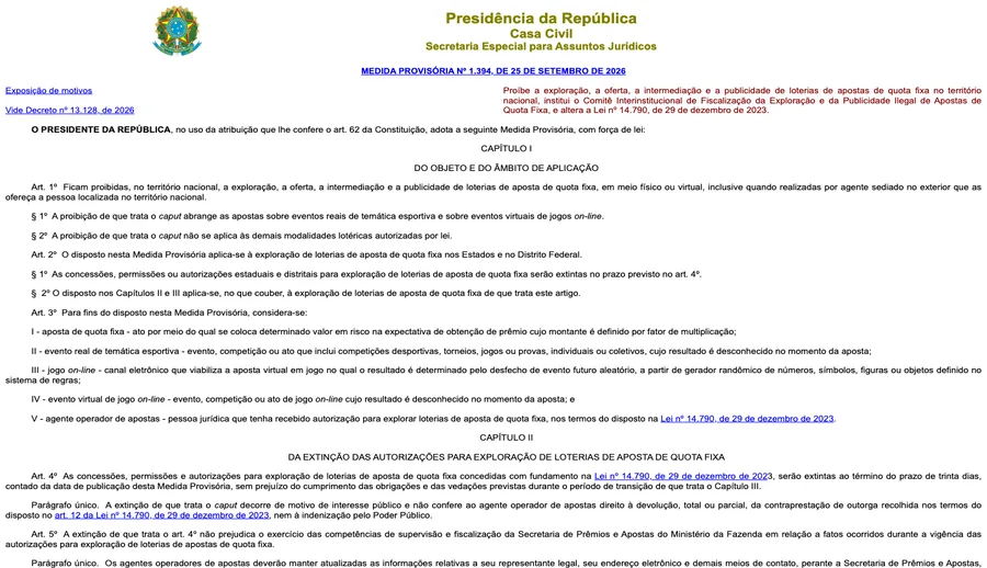 Texto da MP nº 1.394 no site do Planalto