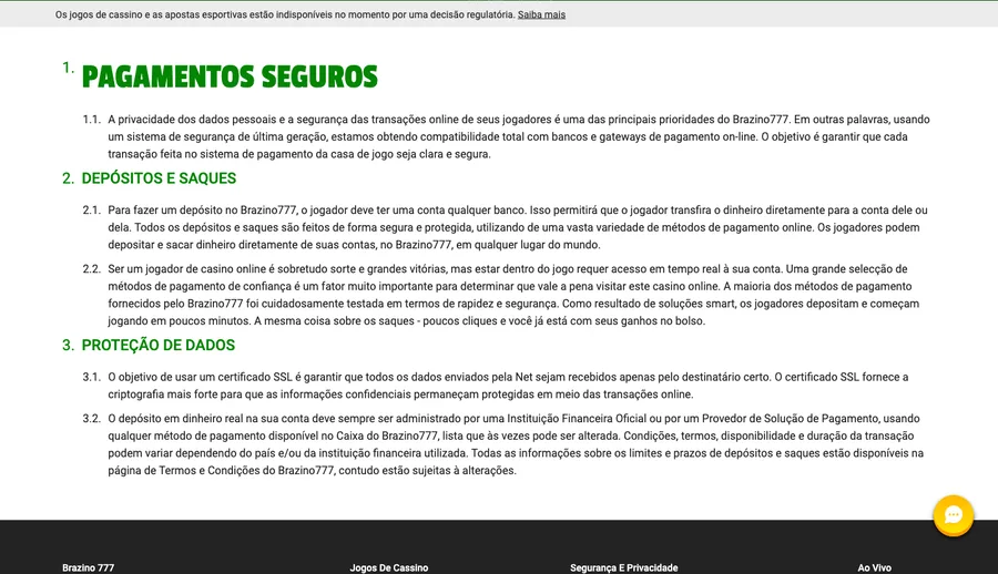 Página de pagamentos seguros do Brazino777